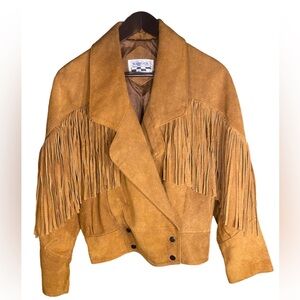 Vintage 80’s Suede Leather Fringe Double Breasted Festival Jacket light brown